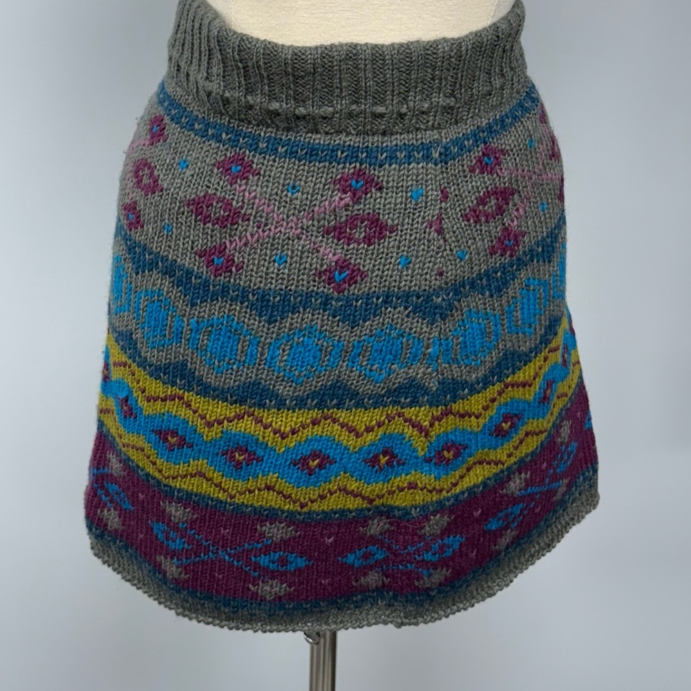 Cozy Patterned Knit Mini Skirt - Teal, Olive & Plum - Picture 3 of 10